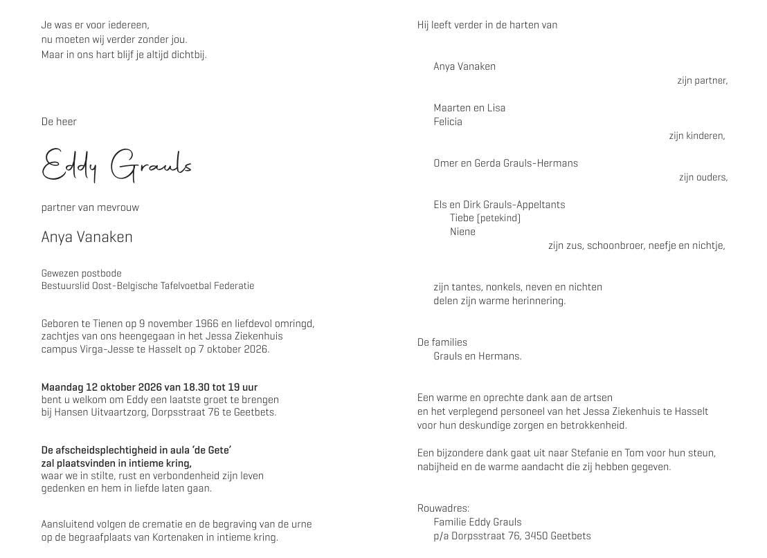 Rouwbrief van Eddy Grauls, gedeeld op vraag van zijn familie.